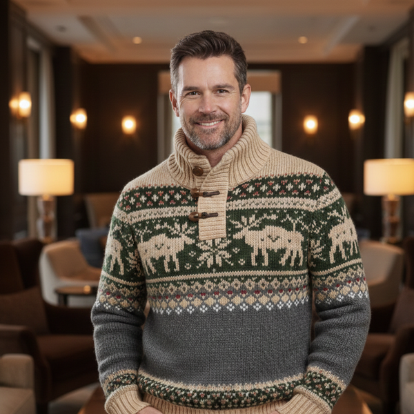 Nordic Reindeer Button-Neck Sweater