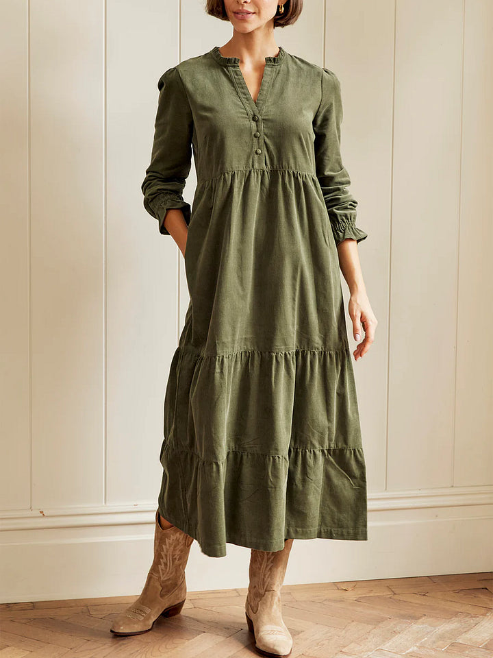 Women's V-neck Solid Color Multi-layered Hem Dress