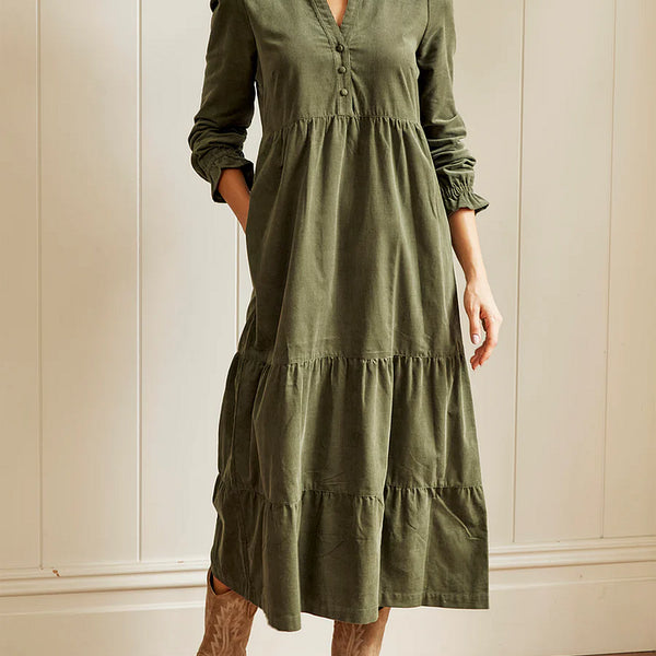 Women's V-neck Solid Color Multi-layered Hem Dress