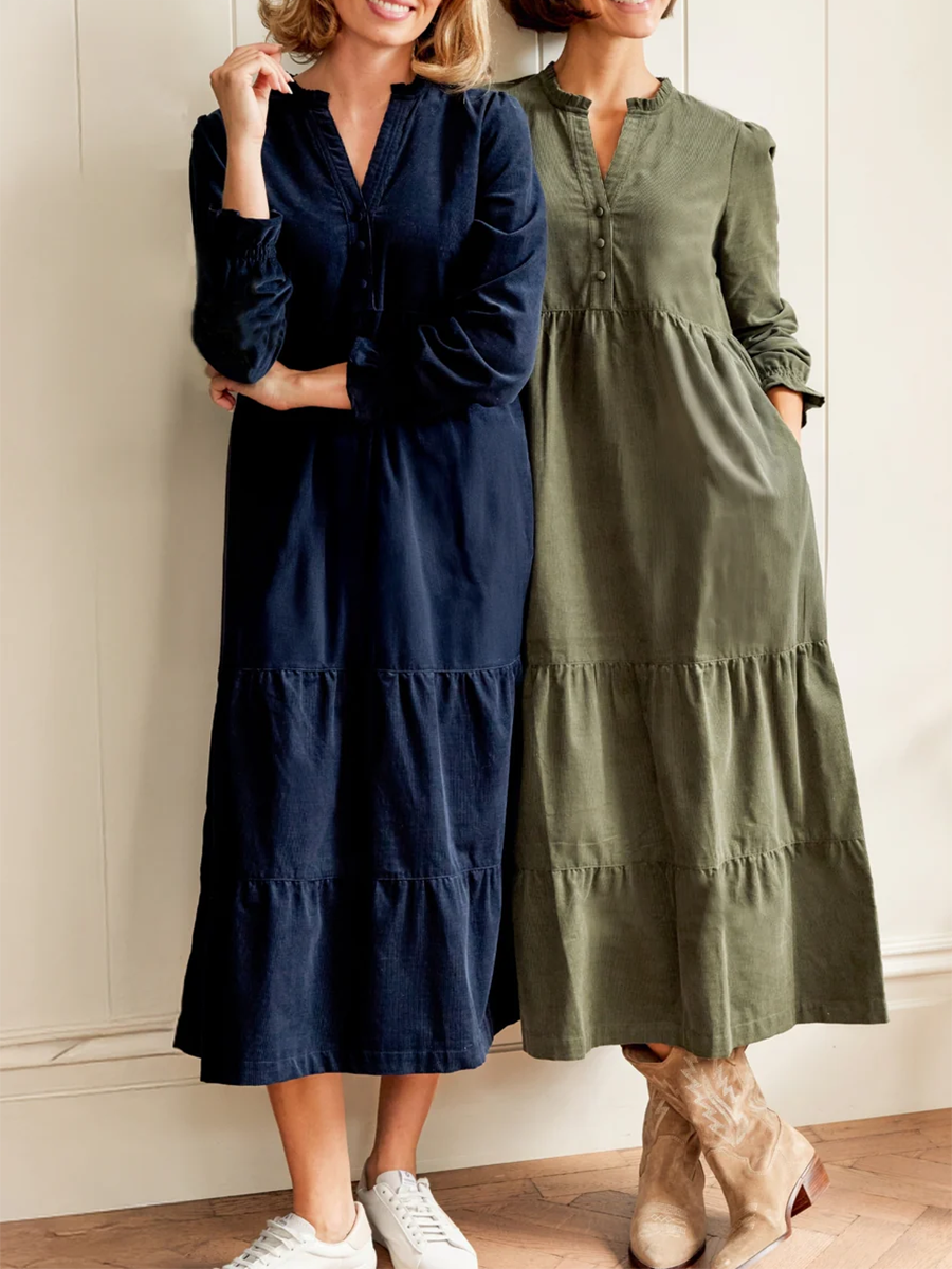 Women's V-neck Solid Color Multi-layered Hem Dress