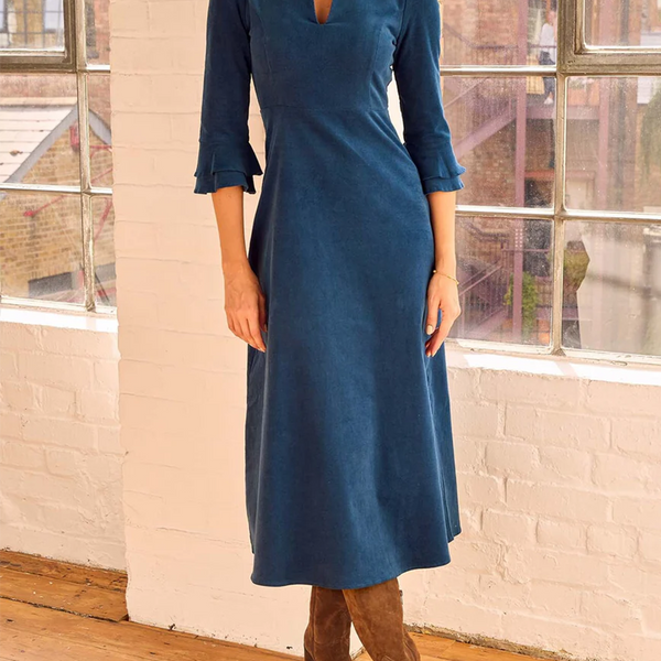 Women's Elegant V-neck Stretch Corduroy Midi Dress
