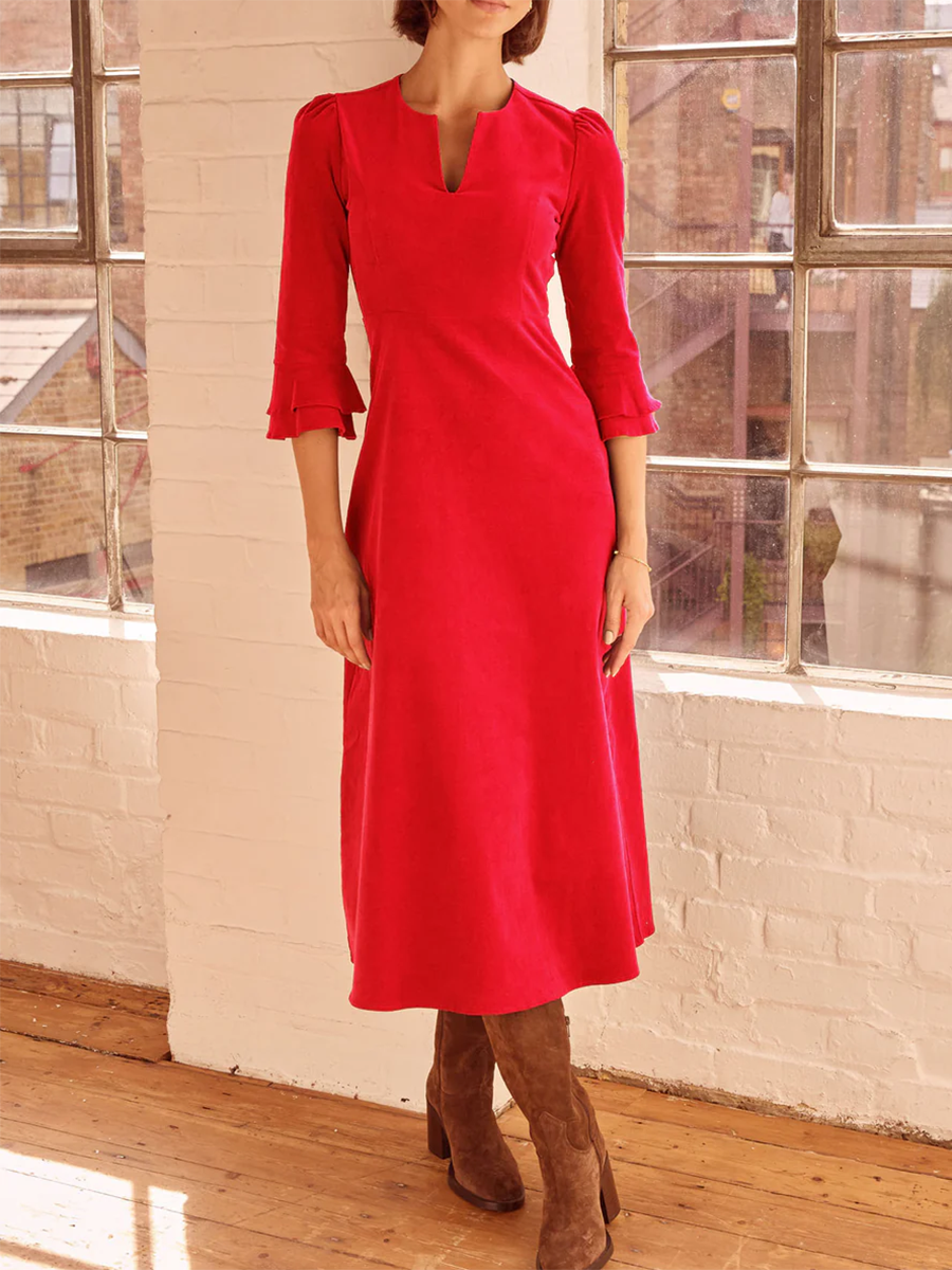 Women's Elegant V-neck Stretch Corduroy Midi Dress