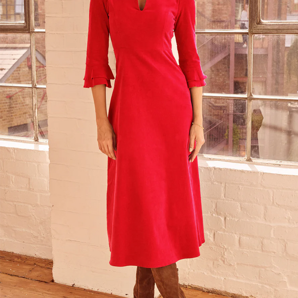 Women's Elegant V-neck Stretch Corduroy Midi Dress