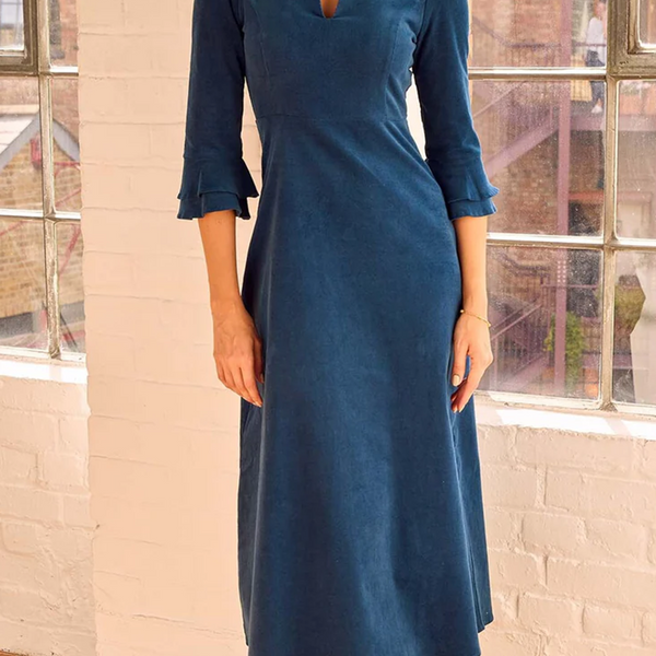 Women's Elegant V-neck Stretch Corduroy Midi Dress