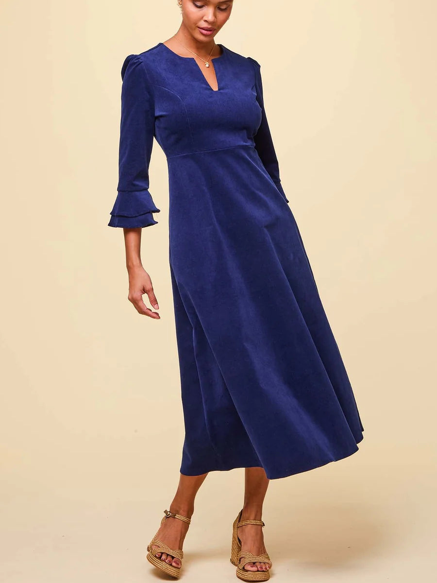 Women's Elegant V-neck Stretch Corduroy Midi Dress
