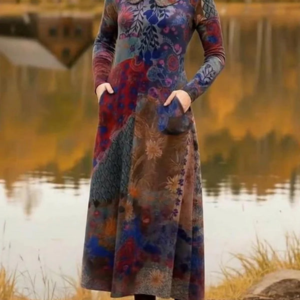 Peter Pan Collar Floral Plaid Print Soft Stretch Dress