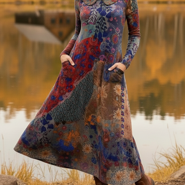 Peter Pan Collar Floral Plaid Print Soft Stretch Dress