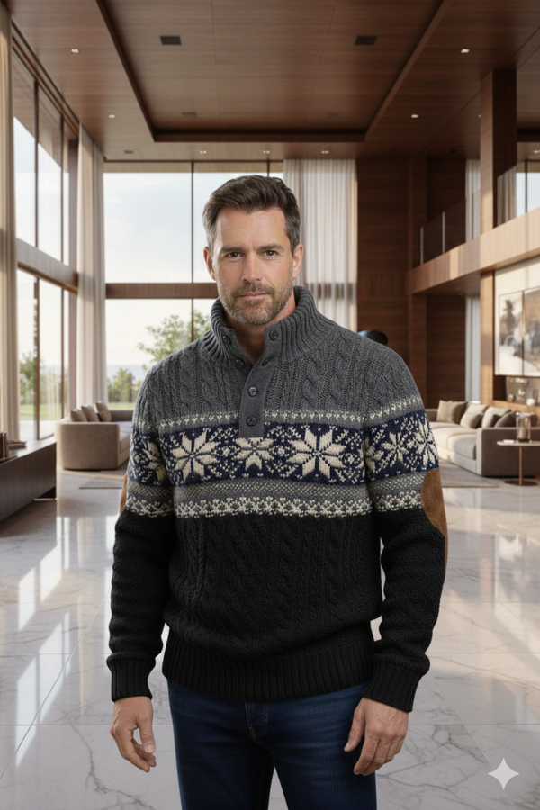 Nordic Snowflake Button-Neck Sweater