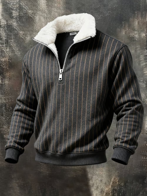 Retro Striped Fur Collar Sweatshirt